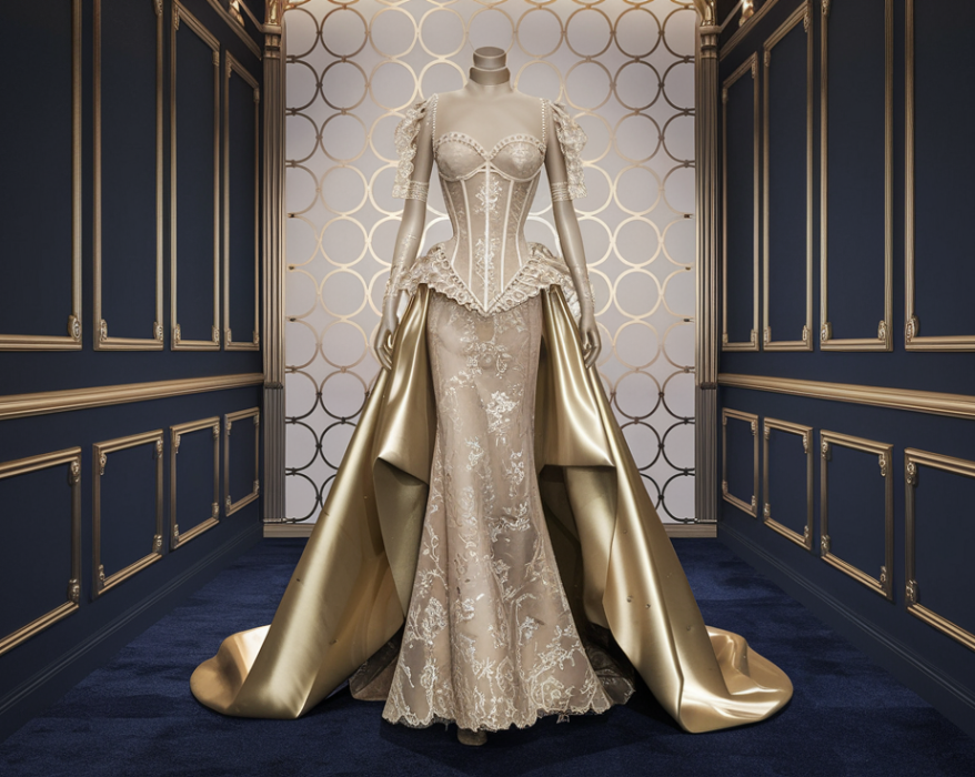 Elegance Redefined: The Corset Lace Gown with Draped Skirt
